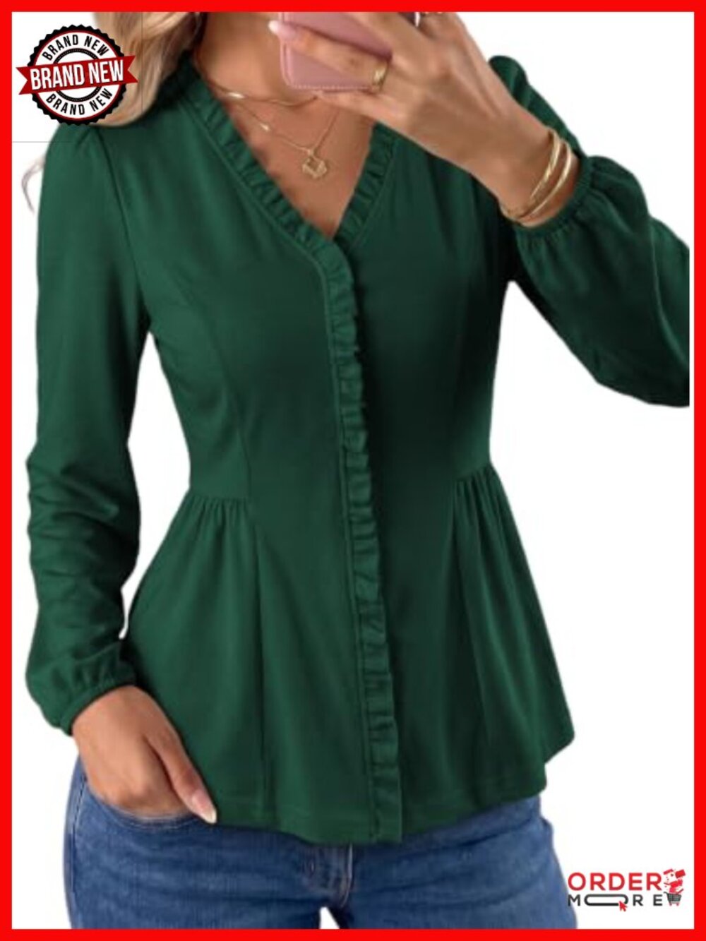 Womens Ruffle Trim V Neck Long Sleeve Peplum Blouse Soft Knit Top